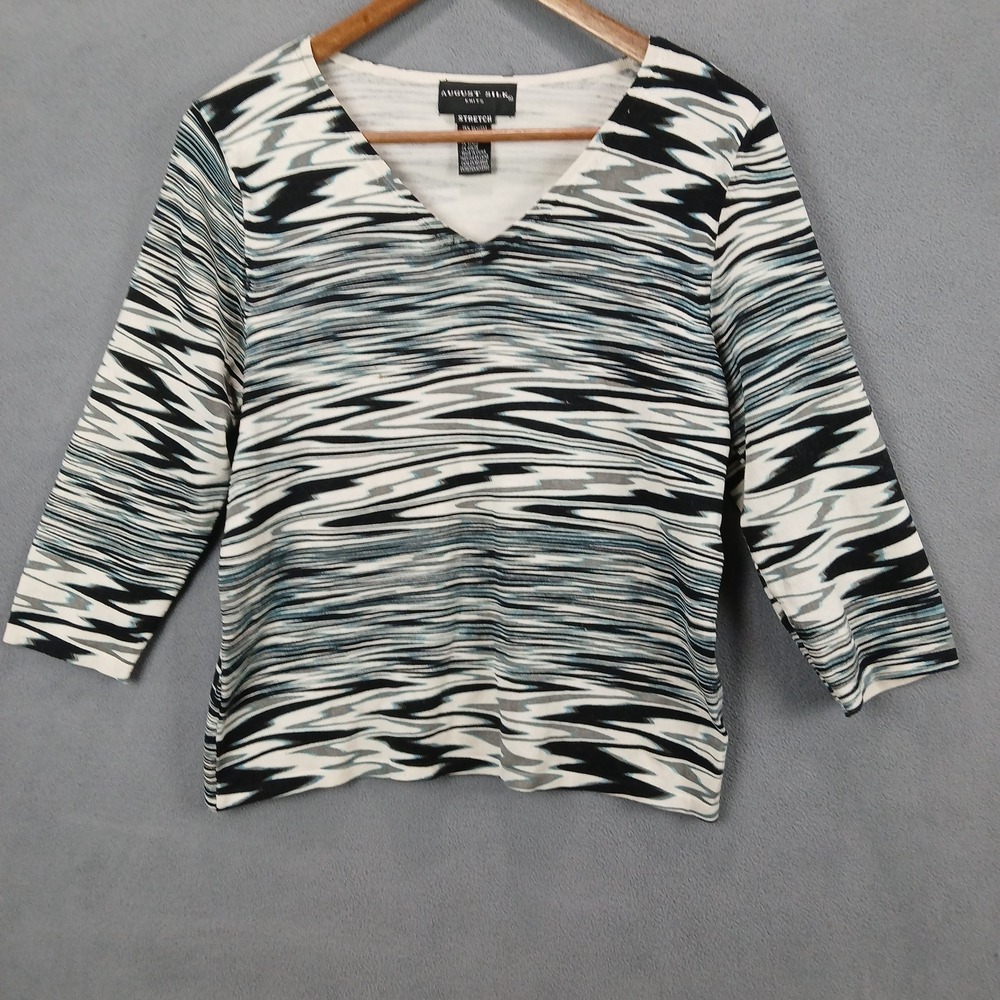 August Silk Shirt‎ Womens Medium White Black Striped Stretch Knit V Neck Thermal